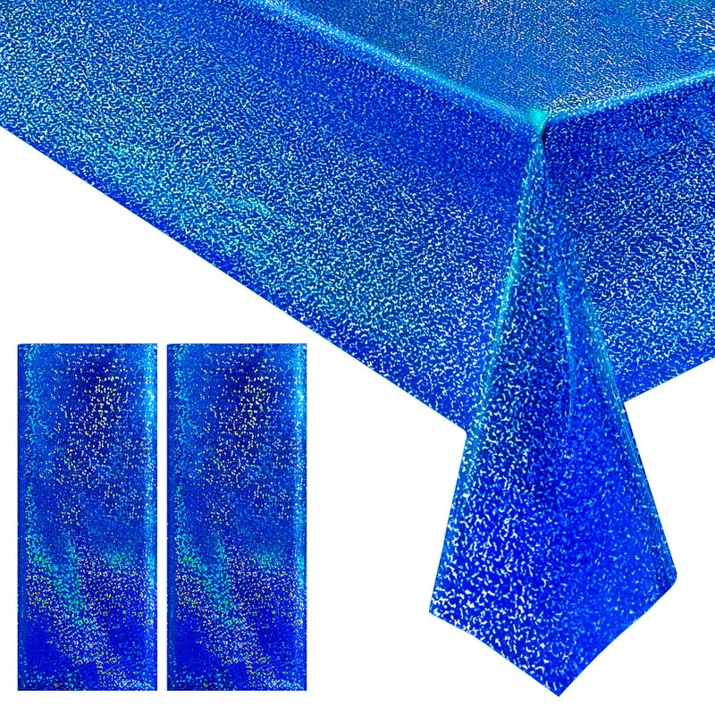 Just Shimmer 2 pcs Royal Blue Holographic Party Tablecloth 40" x 108" Iridescence Plastic Table Cloth Navy Blue Sparkly Table Covers for Graduation 4th of July Birthday Winter Christmas Party Decoration - Image 1