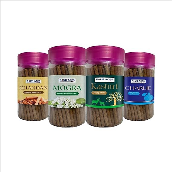 Four Aces Four Aces Premium Dry Dhoop Sticks 4 Fragrances Chandan Charlie Mogra Kasturi Natural No Charcoal No Bamboo Dhoop Sticks for Pooja Rituals Festival Dhoop Holder Inside 110 gm in each Jar  - Image 1