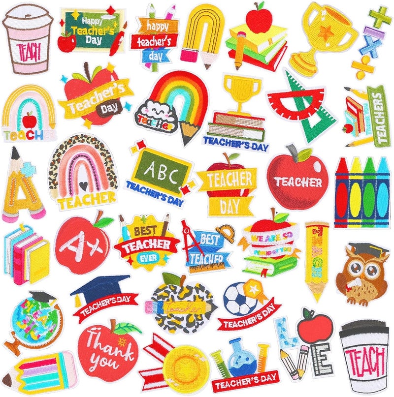 Augsun 36pcs Teacher Iron on Patches Graduation Teacher Appreciation Embroidered Sew Applique Repair Patch Back to School for Teacher Student Clothing Dress Backpack Hat Decorations - Image 1