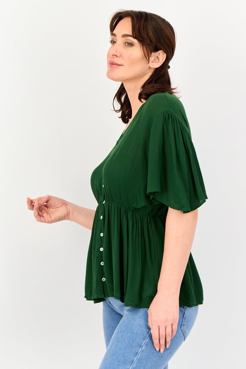 VERO MODA بلوزة قصيرة الأكمام بتصميم منسوج على شكل حرف V للنساء من فيرو مودا، خضراء - Image 2