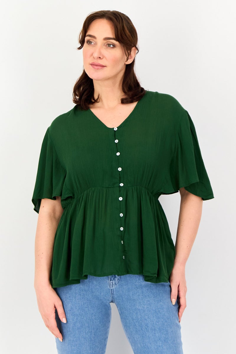 VERO MODA بلوزة قصيرة الأكمام بتصميم منسوج على شكل حرف V للنساء من فيرو مودا، خضراء - Image 1