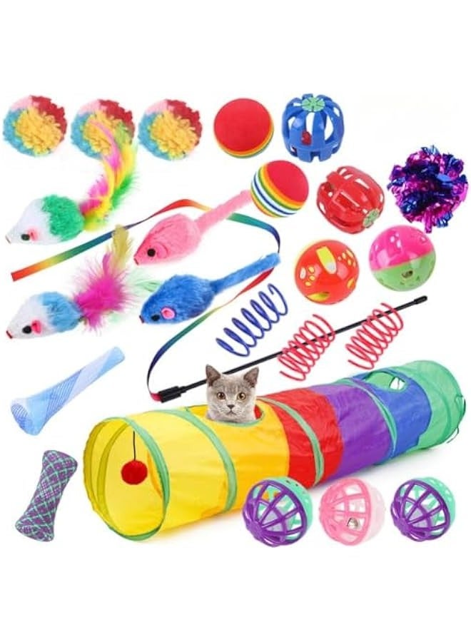 Beauenty 24 PCS Interactive Cat Toys Set for Indoor Cats, Kitten Toys Assortment, Include Cat Tunnel, Cat Teaser Wand, Fluffy Mouse Feather Toy, Jingle Bells Balls Set Toys for Cats Kitty, Tunnel 2 - Image 1