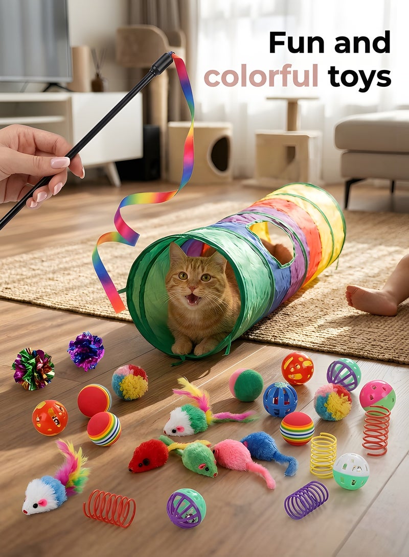 بيوينتي 24 PCS Interactive Cat Toys Set for Indoor Cats, Kitten Toys Assortment, Include Cat Tunnel, Cat Teaser Wand, Fluffy Mouse Feather Toy, Jingle Bells Balls Set Toys for Cats Kitty, Tunnel 2 - Image 5