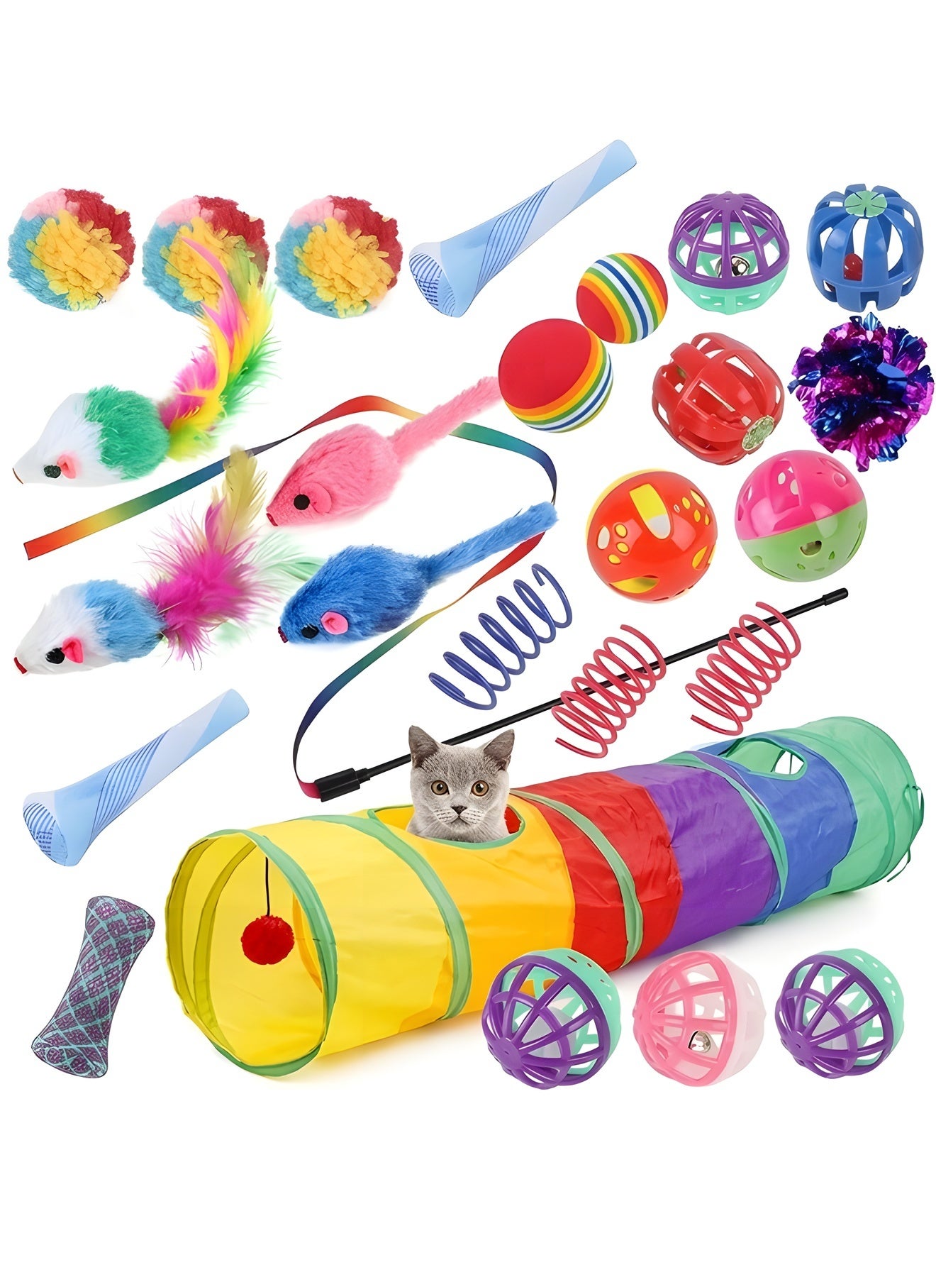 24 PCS Interactive Cat Toys Set for Indoor Cats, Kitten Toys Assortment, Include Cat Tunnel, Cat Teaser Wand, Fluffy Mouse Feather Toy, Jingle Bells Balls Set Toys for Cats Kitty, Tunnel 2