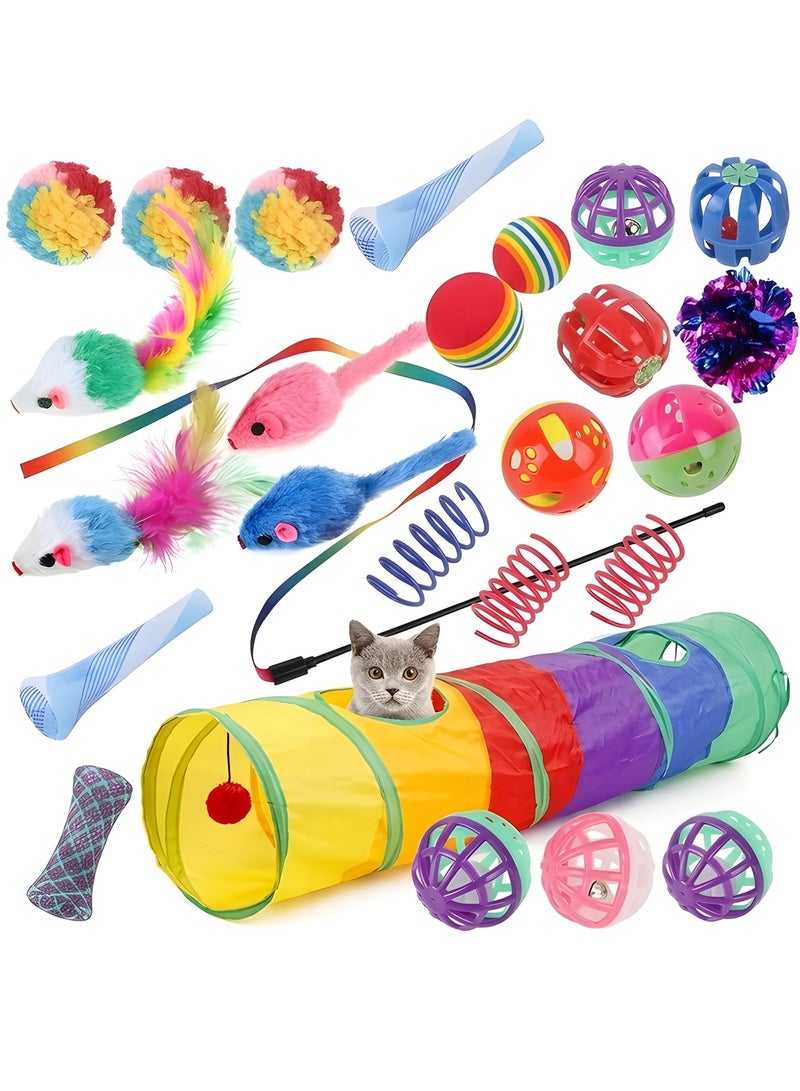 بيوينتي 24 PCS Interactive Cat Toys Set for Indoor Cats, Kitten Toys Assortment, Include Cat Tunnel, Cat Teaser Wand, Fluffy Mouse Feather Toy, Jingle Bells Balls Set Toys for Cats Kitty, Tunnel 2 - Image 1
