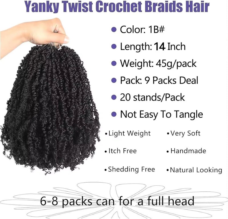 datanala Yanky Twists Crochet Braiding Hair 14 Inch 9 Packs Crochet Hair with Curls Micro Spring Twists Crochet Hair Pre-looped Curly Crochet Braids Hair Extensions for Women (1B#, 14inch) - Image 1