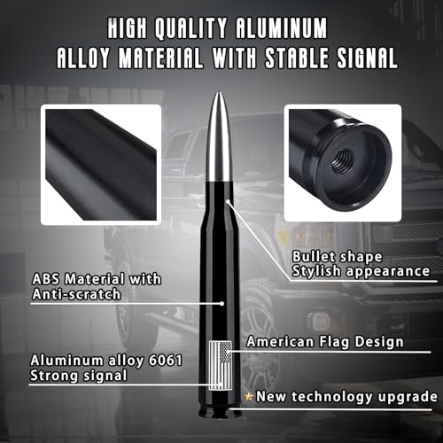 HVSTTPK American Flag Car Truck Bullet Antenna with Valve Stem Caps, Universal Mast for GM Chevy Silverado 1500 2500 3500 HD Avalanche Ford F150 F250 F350 Denali Heavy Duty Pickup Trucks Accessories (Silver) - Image 2