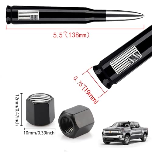 HVSTTPK American Flag Car Truck Bullet Antenna with Valve Stem Caps, Universal Mast for GM Chevy Silverado 1500 2500 3500 HD Avalanche Ford F150 F250 F350 Denali Heavy Duty Pickup Trucks Accessories (Silver) - Image 4