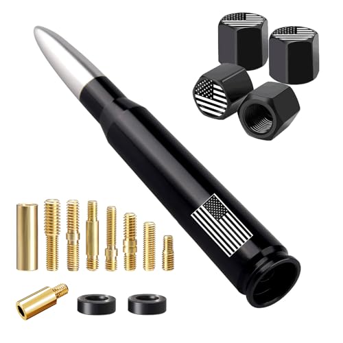 HVSTTPK American Flag Car Truck Bullet Antenna with Valve Stem Caps, Universal Mast for GM Chevy Silverado 1500 2500 3500 HD Avalanche Ford F150 F250 F350 Denali Heavy Duty Pickup Trucks Accessories (Silver) - Image 1