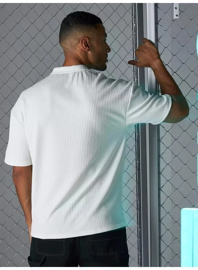 مانياك تيشيرت أوفيرسايز رجالي قطن مخلوط أبيض بياقة مستديرة وأكمام 3/4