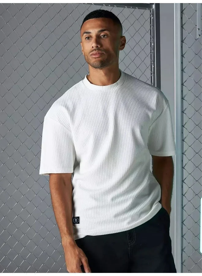 Maniac Maniac Mens Solid Round Neck Half Sleeve White Seersucker CottonBlend Oversized T-Shirt