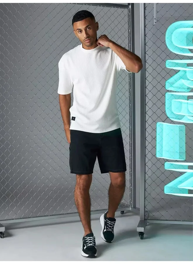 Maniac  Maniac Mens Solid Round Neck Half Sleeve White Seersucker CottonBlend Oversized T-Shirt for Men | Best Price UAE