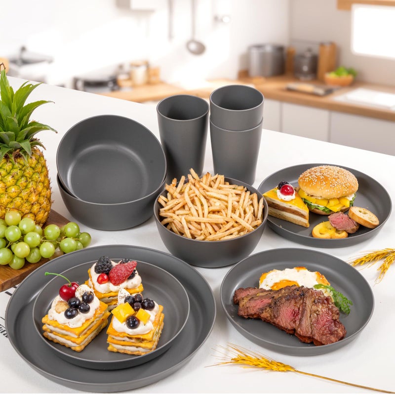 ejonirinjonir EI 24pcs Wheat Straw Dinnerware Set,Dark Grey Plates and Bowls Sets,Unbreakable Dinner Plates,Reuasble Plastic Plate,Microwave Dishwasher Safe for Camping,Picninc,Family Dinner - Image 3