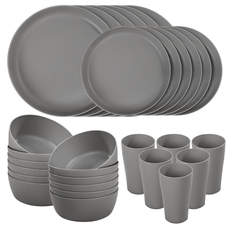 ejonirinjonir EI 24pcs Wheat Straw Dinnerware Set,Dark Grey Plates and Bowls Sets,Unbreakable Dinner Plates,Reuasble Plastic Plate,Microwave Dishwasher Safe for Camping,Picninc,Family Dinner - Image 1
