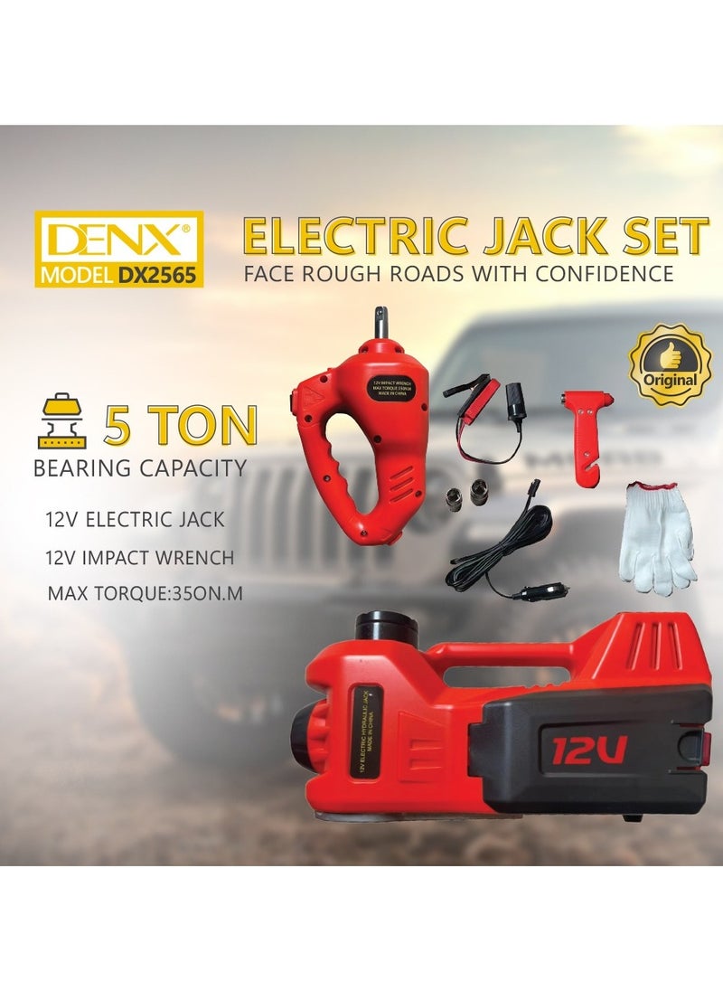 Denx car jack set that combines three functions in one, with a load capacity of 5 tons and operates on a 12-volt power supply.  - Image 2