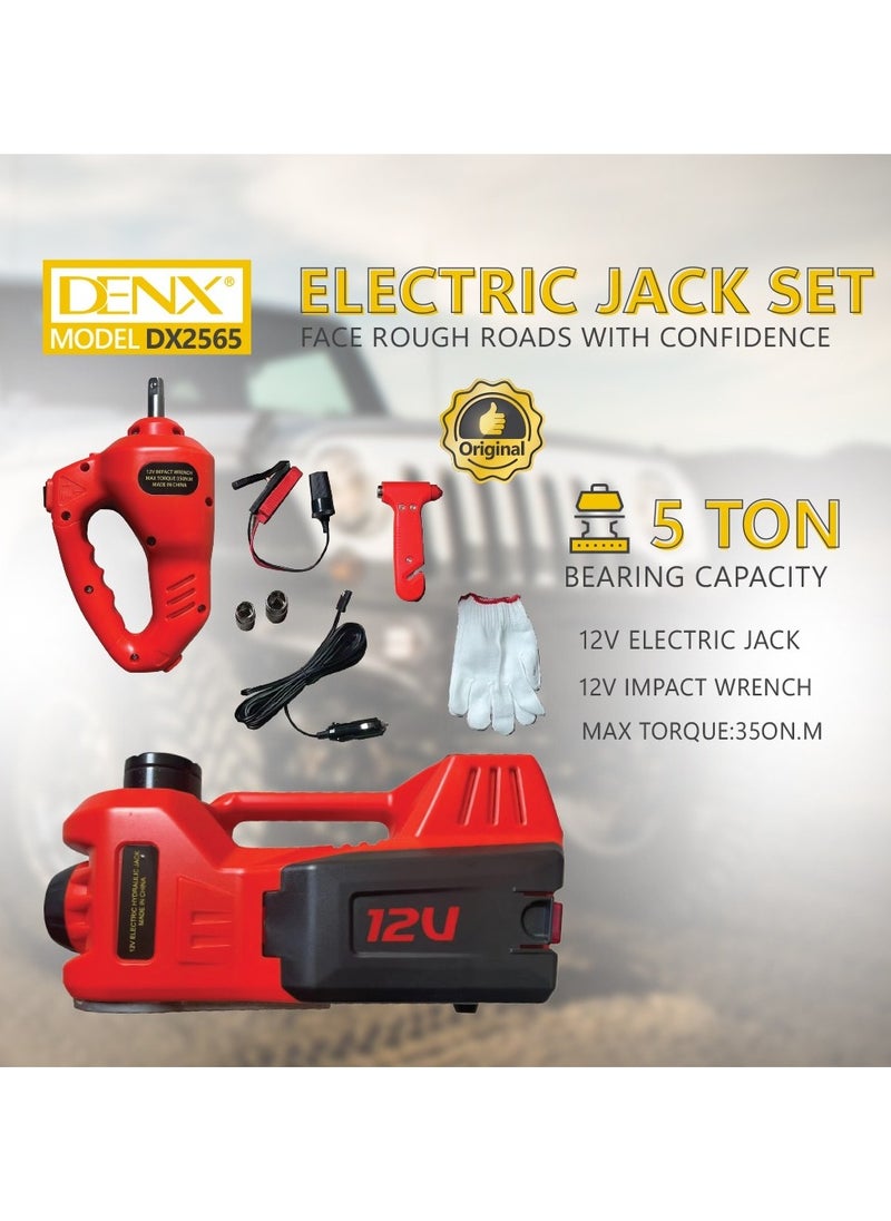 Denx car jack set that combines three functions in one, with a load capacity of 5 tons and operates on a 12-volt power supply.  - Image 3