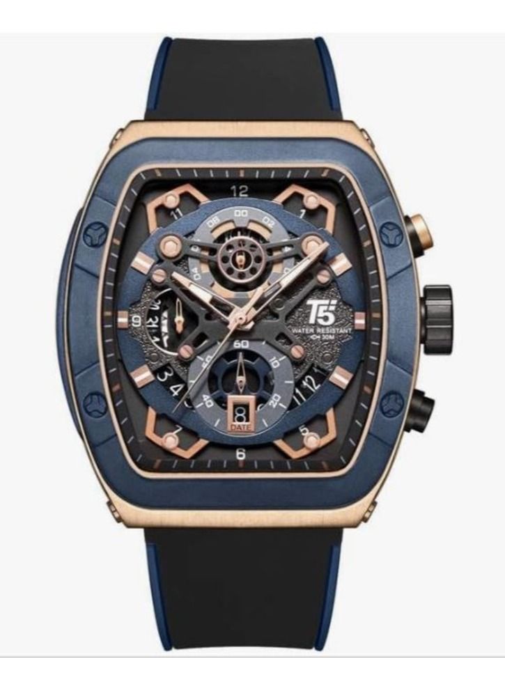 T5 Men's Black/Blue Chronograph Silicone Strap Watch - Image 1