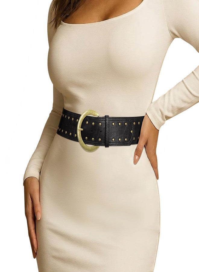 WOWOGO Black Wide Chunky Leather Belts for Women 2.3" Vintage Studded Thick Waist Belt for Dresses with Brass Buckle - Image 2