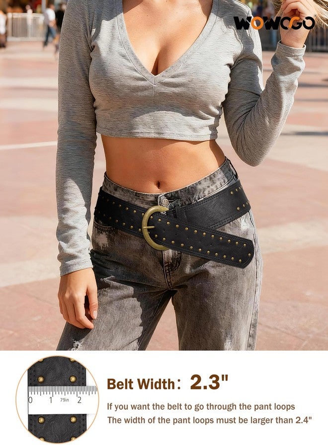 WOWOGO Black Wide Chunky Leather Belts for Women 2.3" Vintage Studded Thick Waist Belt for Dresses with Brass Buckle - Image 3