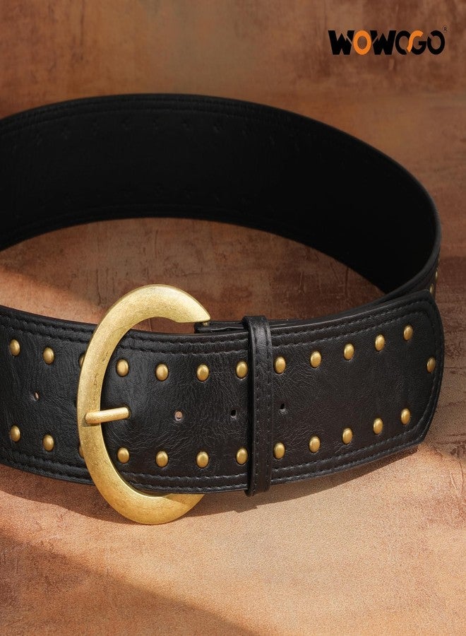 WOWOGO Black Wide Chunky Leather Belts for Women 2.3" Vintage Studded Thick Waist Belt for Dresses with Brass Buckle - Image 5