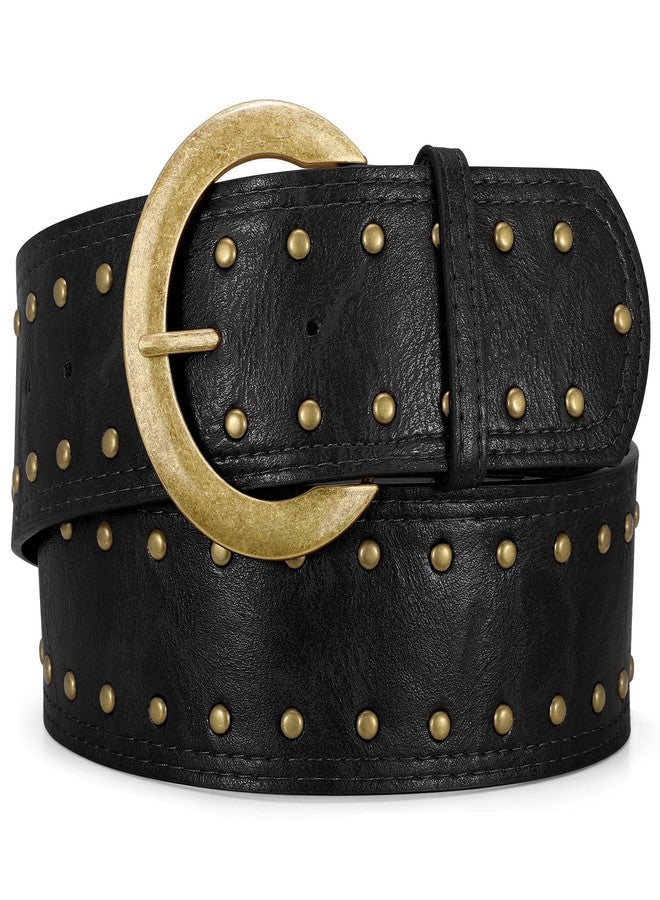 WOWOGO Black Wide Chunky Leather Belts for Women 2.3" Vintage Studded Thick Waist Belt for Dresses with Brass Buckle - Image 1