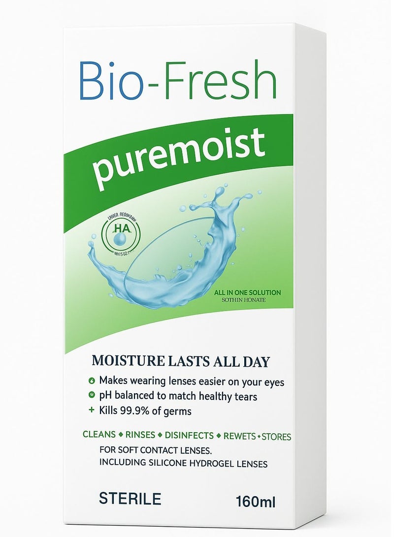 بايو فريش محلول بيو-فريش بيور مويست للعدسات اللاصقة: ينظف، يطهر، يحفظ، يشطف، ويعيد ترطيب العدسات اللاصقة – 160 مل