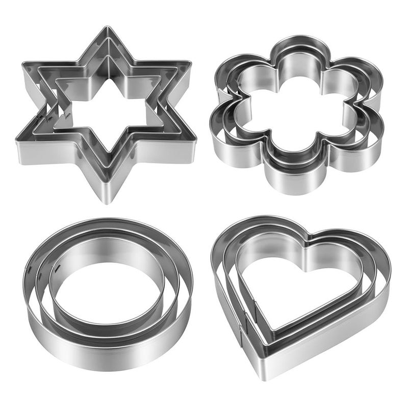 KnmyLife Metal Cookie Cutters Set 12 Pieces, Stainless Steel 3 Heart Cookie Cutters, 3 Star Cookie Cutters, 3 Flower Cookie Cutters, 3 Round Cookie Cutters for Valentine's Day Christmas Holiday - Image 1