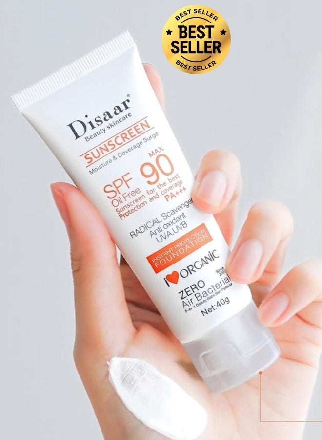 Disaar واقي شمس خالي من الزيت SPF90 PA +++ 40غ كريم حماية من الشمس للوجه خفيف الوزن غير دهني مناسب للبشرة الدهنية والمعرضة لحب الشباب - Image 1