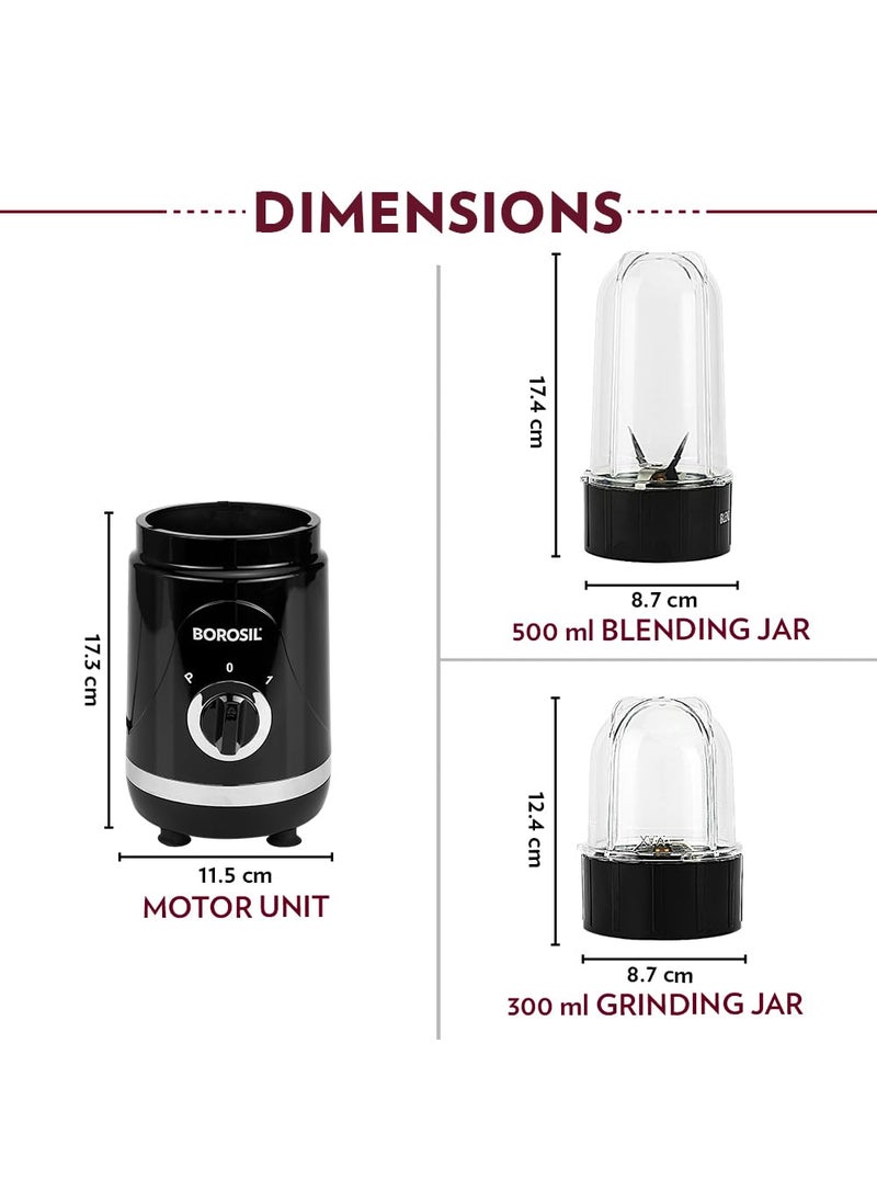 BOROSIL Borosil 400W NutriFresh Portable MiniBlender Grinder 500ml Jar for Blending Smoothies 300ml Jar for Dry Grinding SpicesChutney Jar Polycarbonate Jars Dishwasher Safe 2 Year Warranty Black  - Image 2