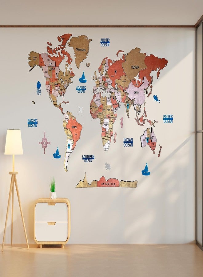 Elk 3D Wooden World Map Wall Art Decor with Country Names & Capitals | Premium Metallic Painted Multilayer Laser Cut Wall Art | Easy DIY Installation | Travel Theme Home Decor for Living Room, Office - Image 1