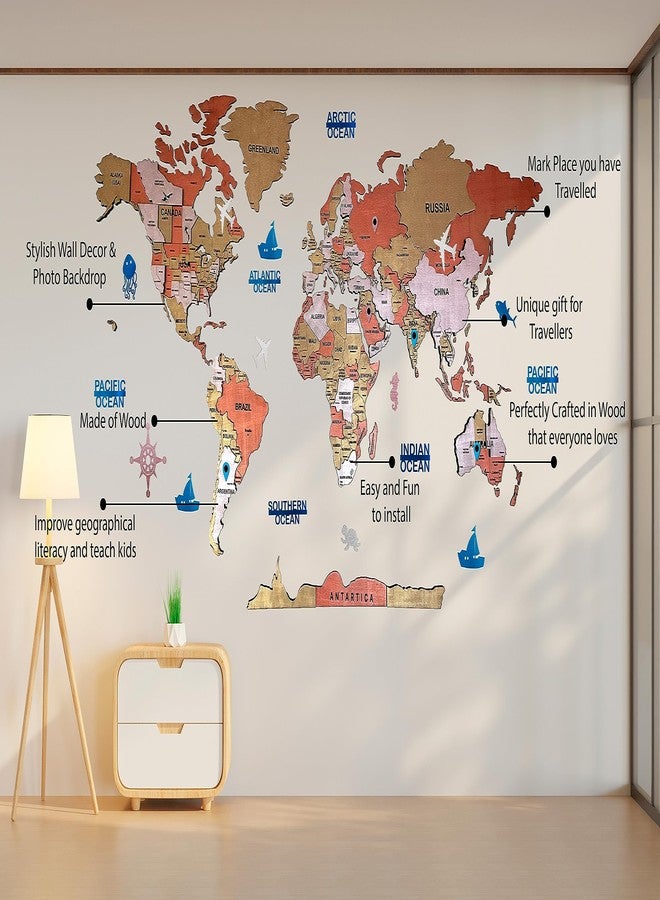 Elk 3D Wooden World Map Wall Art Decor with Country Names & Capitals | Premium Metallic Painted Multilayer Laser Cut Wall Art | Easy DIY Installation | Travel Theme Home Decor for Living Room, Office - Image 4