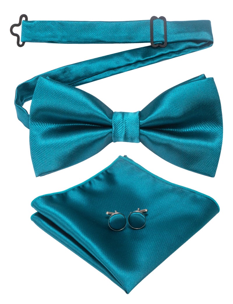 JEMYGINS Mens Peacock Blue Pre-tied Bow Tie and Pocket Square Cufflink Set (13) - Image 1