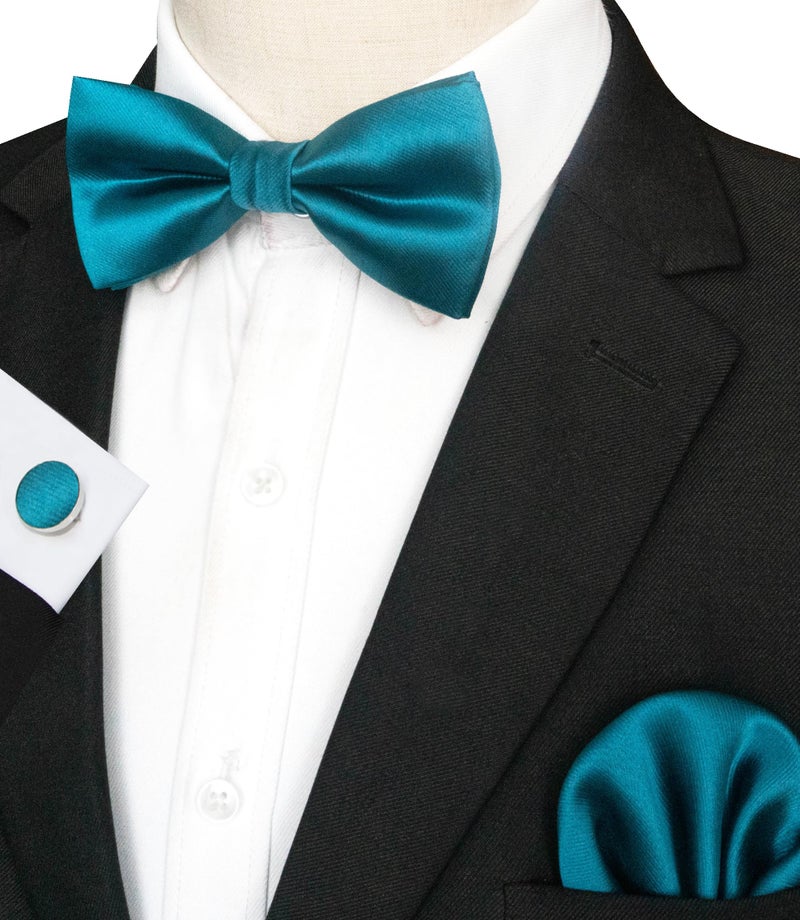 JEMYGINS Mens Peacock Blue Pre-tied Bow Tie and Pocket Square Cufflink Set (13) - Image 2