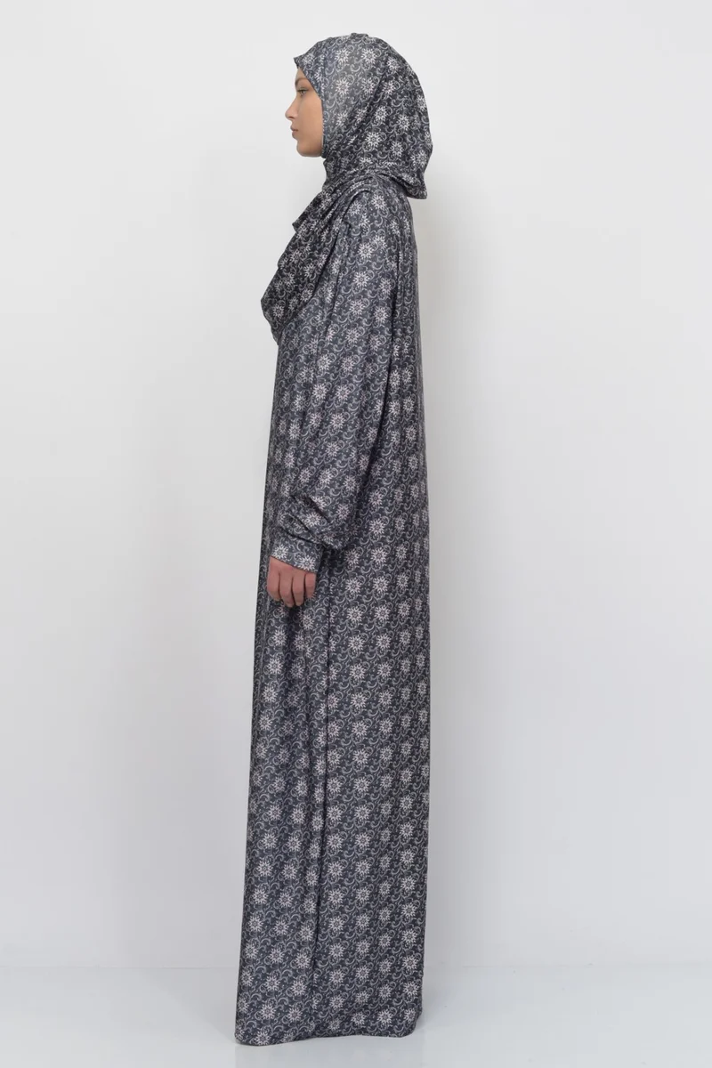 التوبة Practical One Piece Sun Patterned Sleeves Removable Headscarf Lycra Hijab Prayer Dress 990-0302