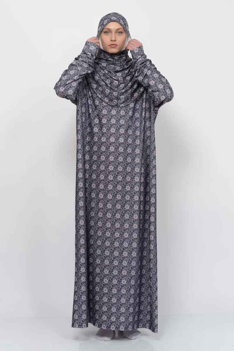 التوبة Practical One Piece Sun Patterned Sleeves Removable Headscarf Lycra Hijab Prayer Dress 990-0302