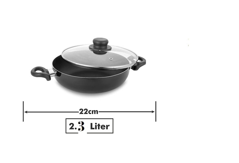 CLASSIC ESSENTIALS Non-Stick Cookware Deep Kadhai with Glass Lid 2.3 LTR 22cm(Induction Friendly) Black - Image 4