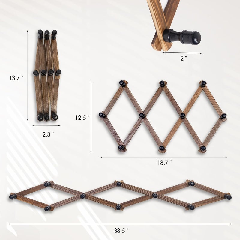WodGod Wooden Expandable Accordion Wall Hanger,2 Pack Including 20 Peg Hooks,Perfectly Hook for Baseball Caps, Coats, Mugs,Coffee, Coat,Keys, Hat Rack,X Shape,Make Living Room Decorative and Neat,Rustic - Image 4
