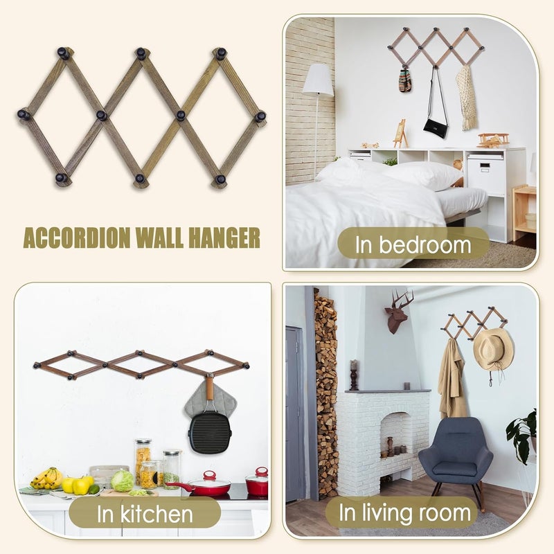 WodGod Wooden Expandable Accordion Wall Hanger,2 Pack Including 20 Peg Hooks,Perfectly Hook for Baseball Caps, Coats, Mugs,Coffee, Coat,Keys, Hat Rack,X Shape,Make Living Room Decorative and Neat,Rustic - Image 5