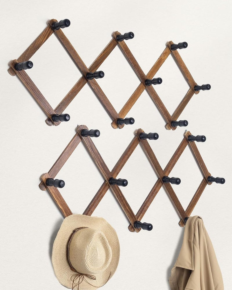 WodGod Wooden Expandable Accordion Wall Hanger,2 Pack Including 20 Peg Hooks,Perfectly Hook for Baseball Caps, Coats, Mugs,Coffee, Coat,Keys, Hat Rack,X Shape,Make Living Room Decorative and Neat,Rustic - Image 1