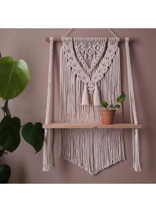 انتيكيانو رف معلق على الحائط بخيوط مكرمية.. ديكور حائط بوهيمي لغرفة النوم - فن جداري من حبل مكرمية منسوج كديكور لرف - Image 1