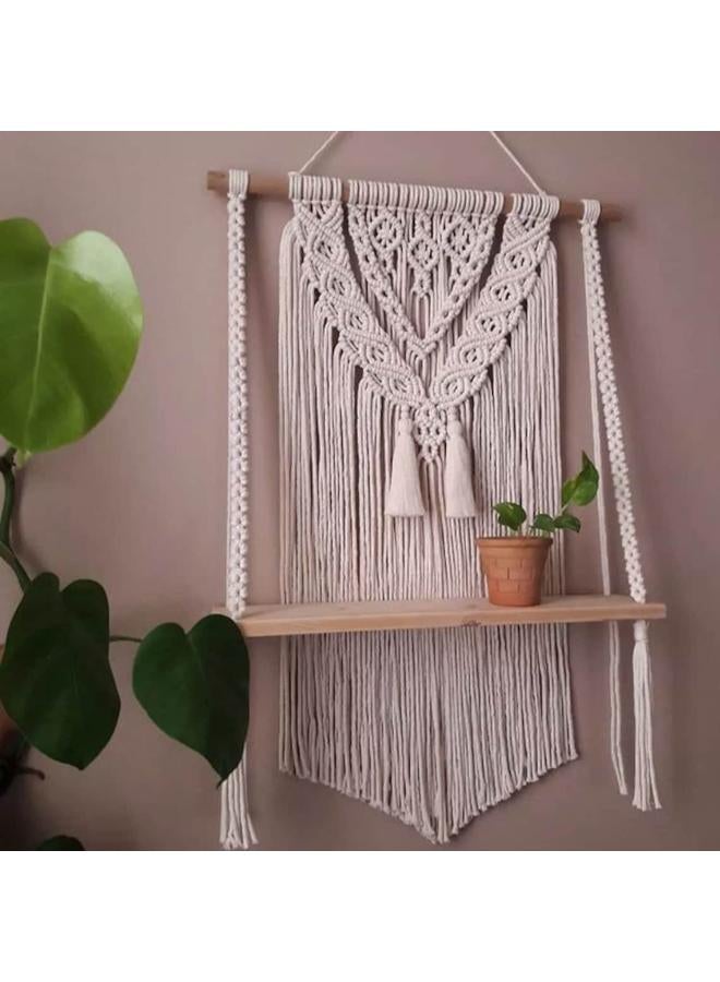 انتيكيانو رف معلق على الحائط بخيوط مكرمية.. ديكور حائط بوهيمي لغرفة النوم - فن جداري من حبل مكرمية منسوج كديكور لرف - Image 2