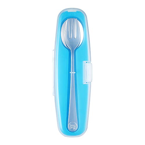 Innobaby Din Din Smart Stainless Steel Spoon and Fork with Carrying Case. Utensil Set for Kids and Toddlers. BPA Free. Blue. - Image 1