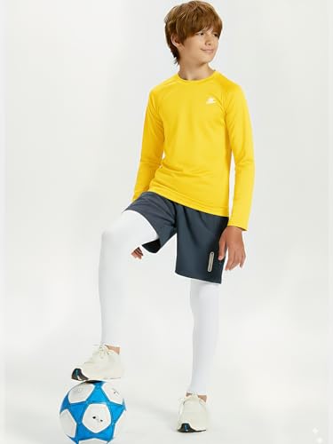 DEVOROPA Youth Boys Compression Thermal Shirt Long Sleeve Fleece Baselayer Soccer Baseball Undershirt Yellow M - Image 4