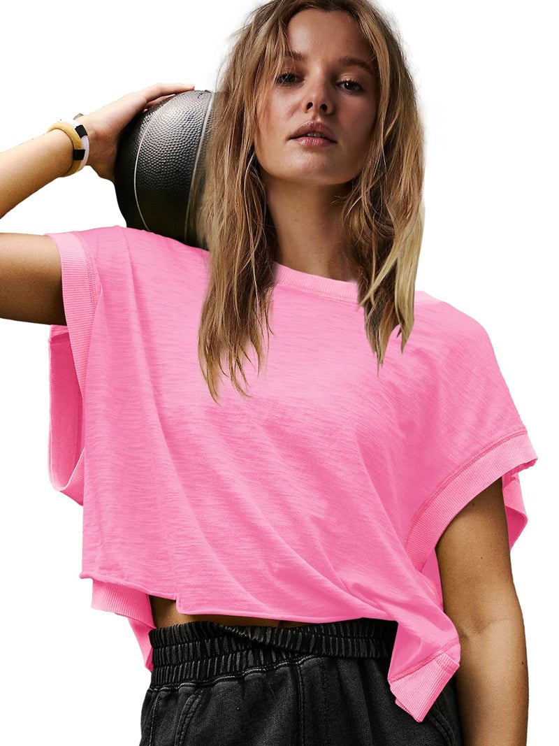 Panadila Womens Open Back Workout Top Oversized Workout T Shirts Backless Athletic Shirt Short Sleeve Baby Tee (Pink,XL) - Image 2