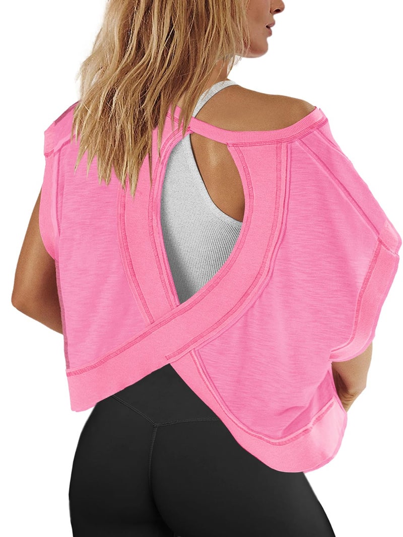 Panadila Womens Open Back Workout Top Oversized Workout T Shirts Backless Athletic Shirt Short Sleeve Baby Tee (Pink,XL) - Image 1