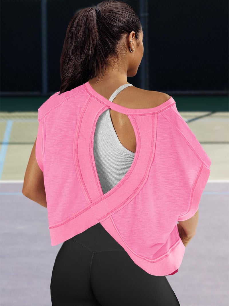 Panadila Womens Open Back Workout Top Oversized Workout T Shirts Backless Athletic Shirt Short Sleeve Baby Tee (Pink,XL) - Image 3