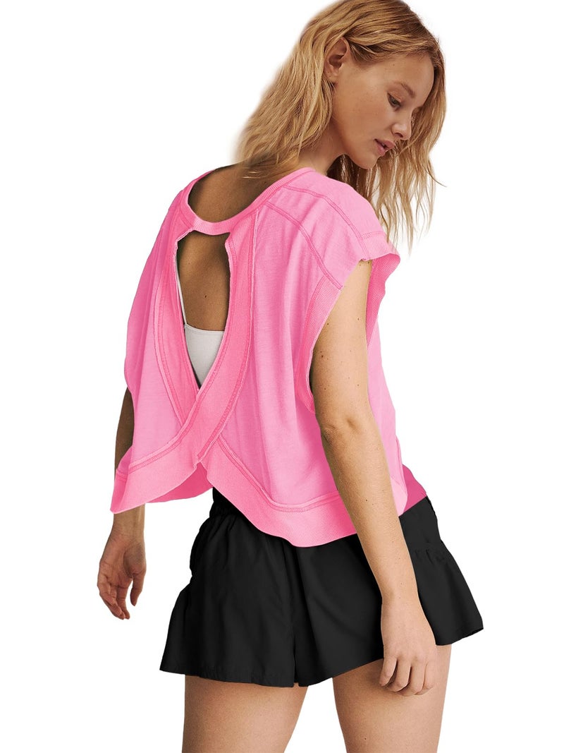 Panadila Womens Open Back Workout Top Oversized Workout T Shirts Backless Athletic Shirt Short Sleeve Baby Tee (Pink,XL) - Image 4