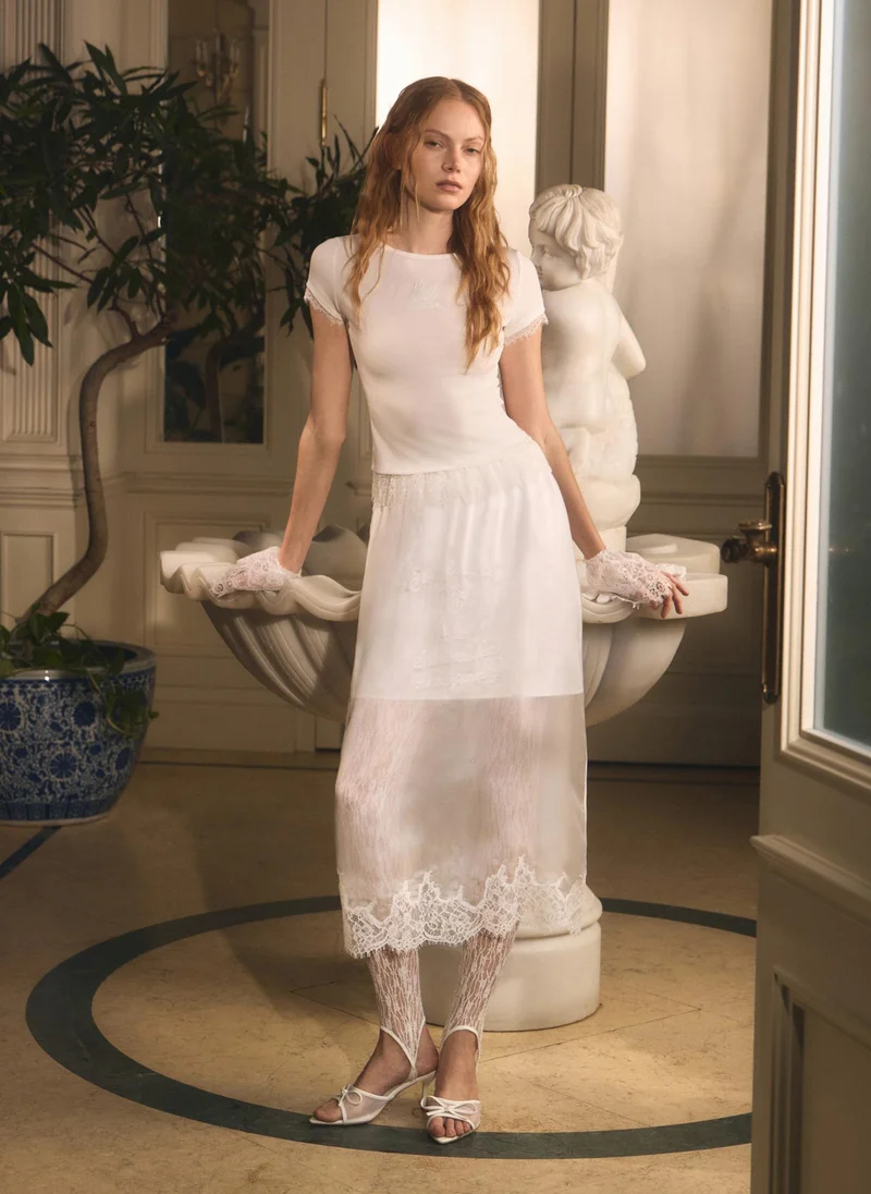 Lichi  Semi-transparent midi skirt with embroidery and lace for Women | Best Price UAE