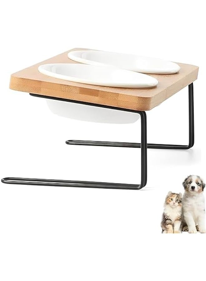 Elevated Cat Bowls,Ceramic Dog bowls,Cat/Dog food bowl for indoor,Small Dog 15°Tilted Raised Food Feeding Dishes,Solid Bamboo Water Stand Feeder Set for Cats and Puppy