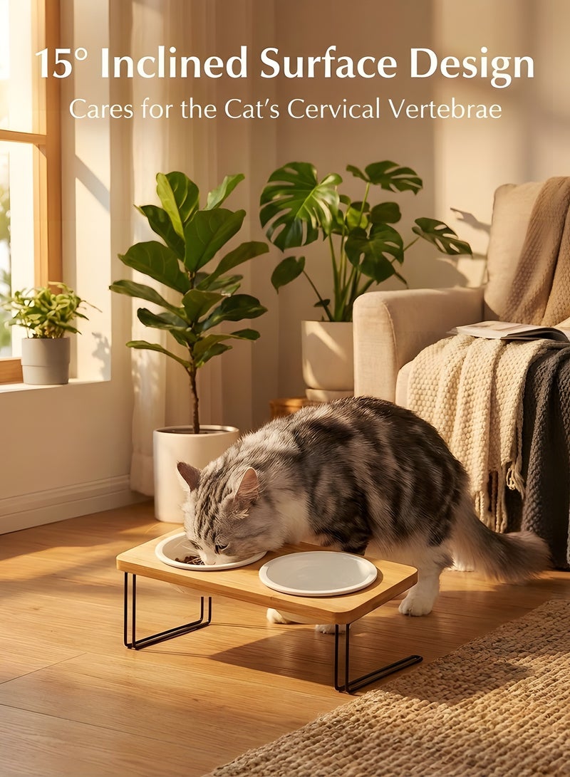 Beauenty Elevated Cat Bowls,Ceramic Dog bowls,Cat/Dog food bowl for indoor,Small Dog 15°Tilted Raised Food Feeding Dishes,Solid Bamboo Water Stand Feeder Set for Cats and Puppy - Image 3